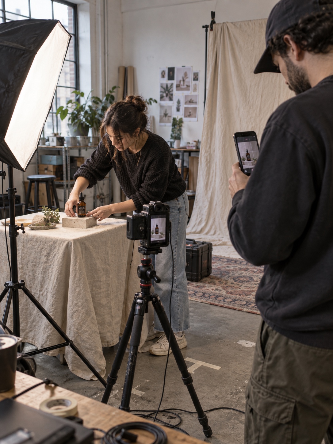 Filming vertical social video Creator filming a vertical social media clip with a compact studio setup | Sky Rye Design Creator filming a vertical social media clip with a compact studio setup