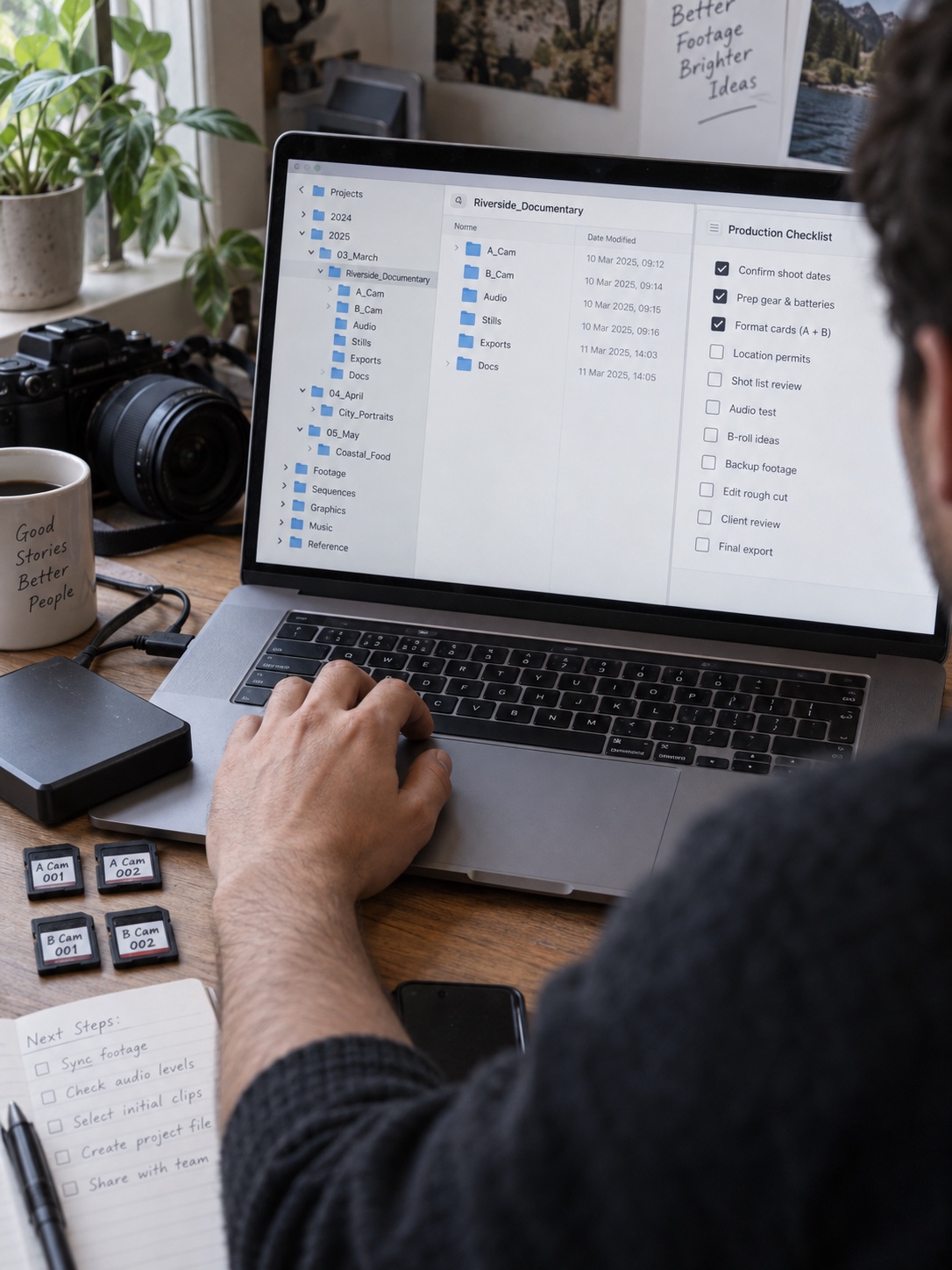 Organized video project files Producer organizing video folders, a production checklist, and memory cards | Sky Rye Design Producer organizing video folders, a production checklist, and memory cards