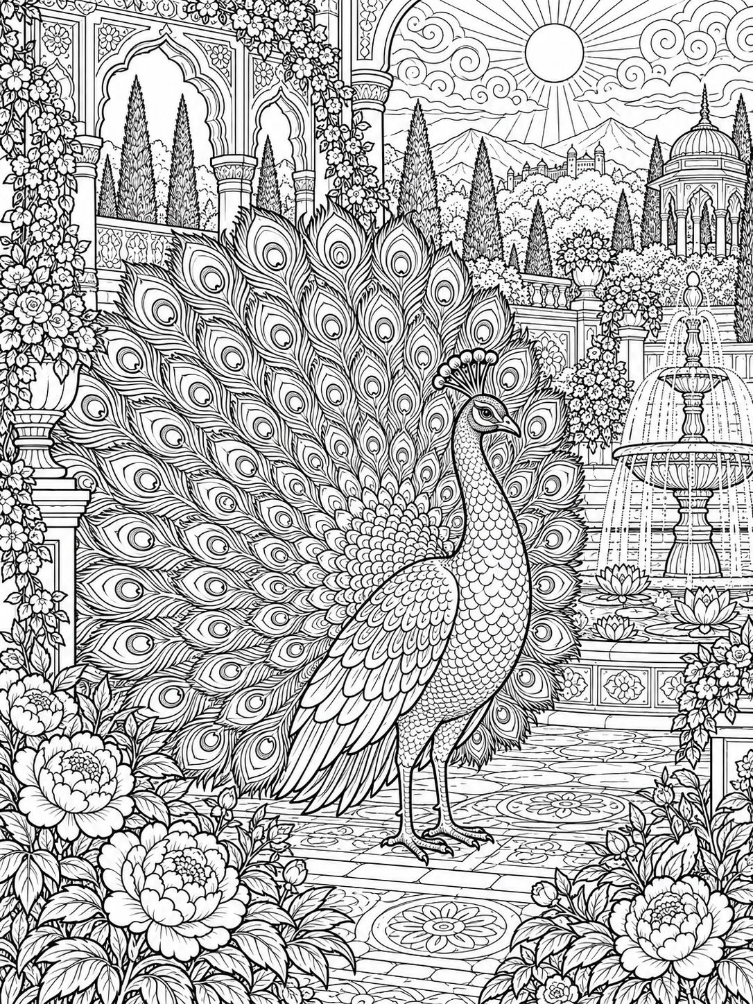 Peacock coloring page with an elaborate patterned tail Peacock coloring page with an elaborate patterned tail | Sky Rye Design Peacock coloring page with an elaborate patterned tail