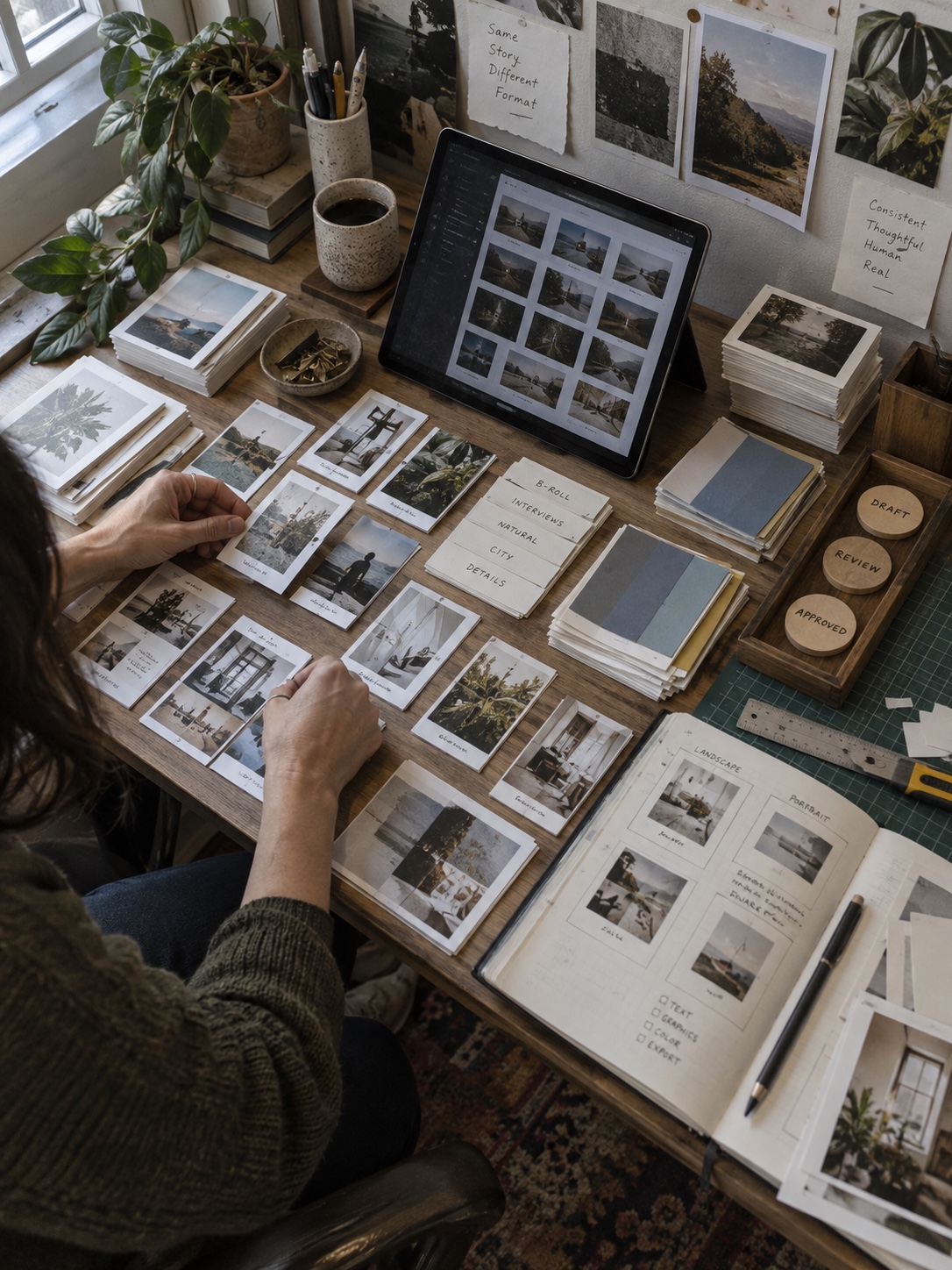 Organizing repetitive creative tasks Creative operations desk organizing references, drafts, formats, and approvals | Sky Rye Design Creative operations desk organizing references, drafts, formats, and approvals