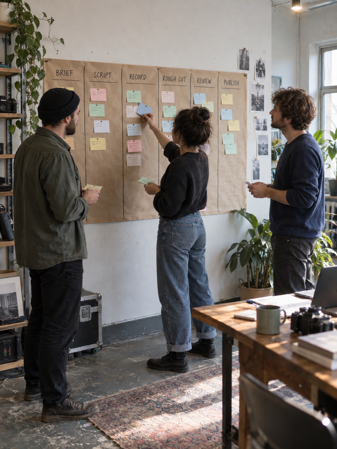 Six-stage video production board Small creative team reviewing a six-stage video production board | Sky Rye Design Small creative team reviewing a six-stage video production board
