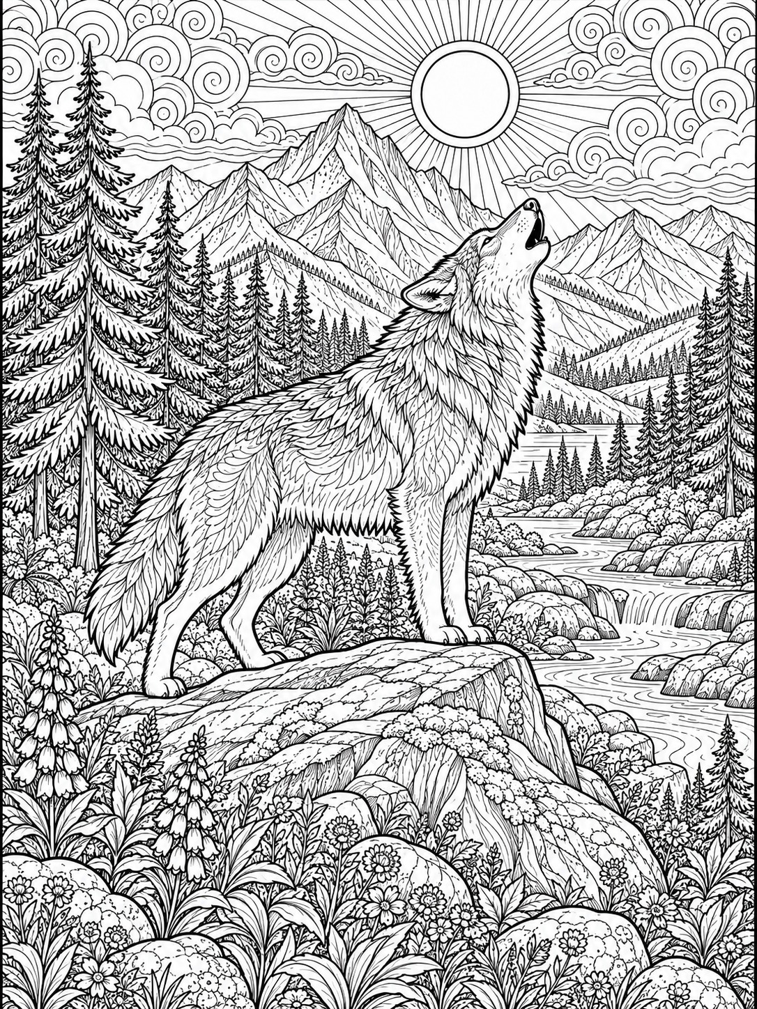 Howling wolf adult coloring page with detailed fur texture Howling wolf adult coloring page with detailed fur texture | Sky Rye Design Howling wolf adult coloring page with detailed fur texture