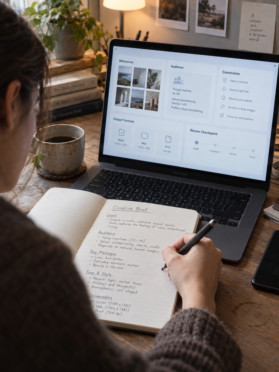 Writing a clear brief for an AI assistant Designer writing a precise creative brief for an AI assistant | Sky Rye Design Designer writing a precise creative brief for an AI assistant