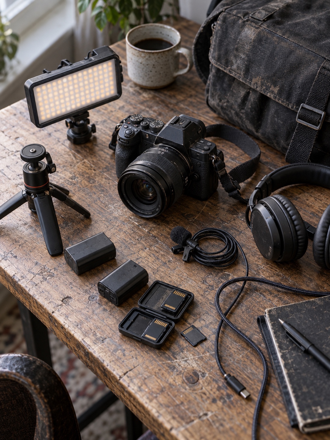 Compact video kit for a small brand Compact filming kit with camera, LED light, microphone, tripod, and headphones | Sky Rye Design Compact filming kit with camera, LED light, microphone, tripod, and headphones