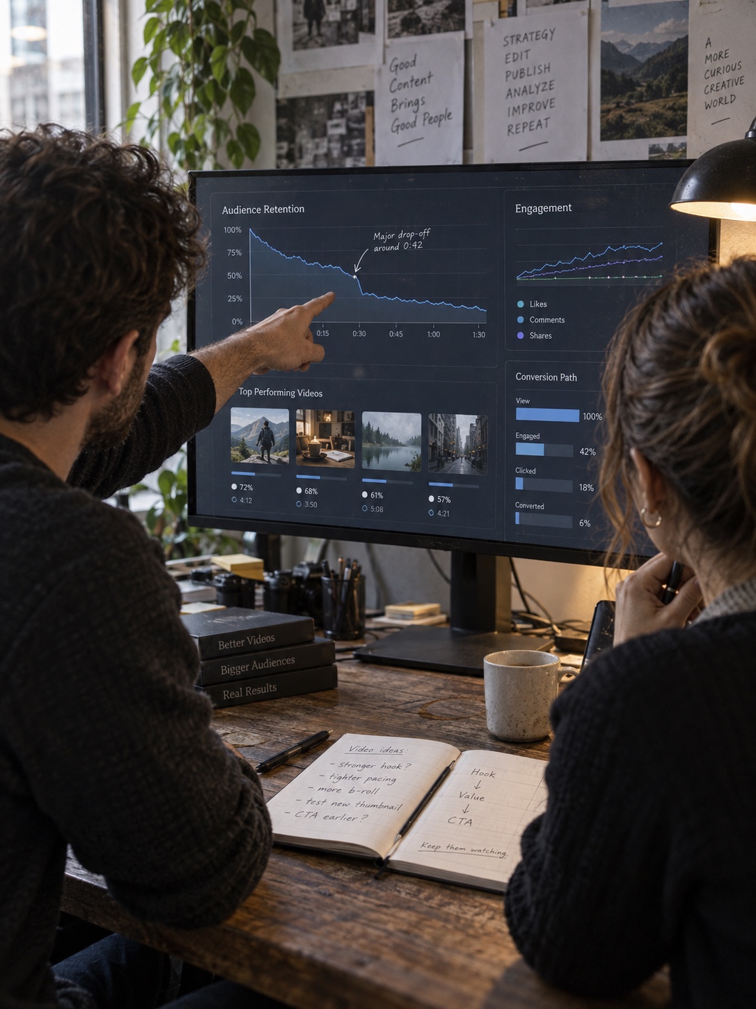 Video performance analytics Marketing team reviewing video watch time, engagement, and conversion results | Sky Rye Design Marketing team reviewing video watch time, engagement, and conversion results