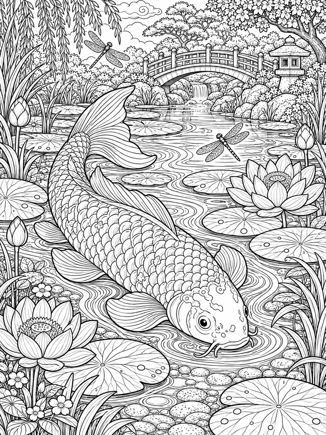 Koi fish adult coloring page with overlapping scales Koi fish adult coloring page with overlapping scales | Sky Rye Design Koi fish adult coloring page with overlapping scales