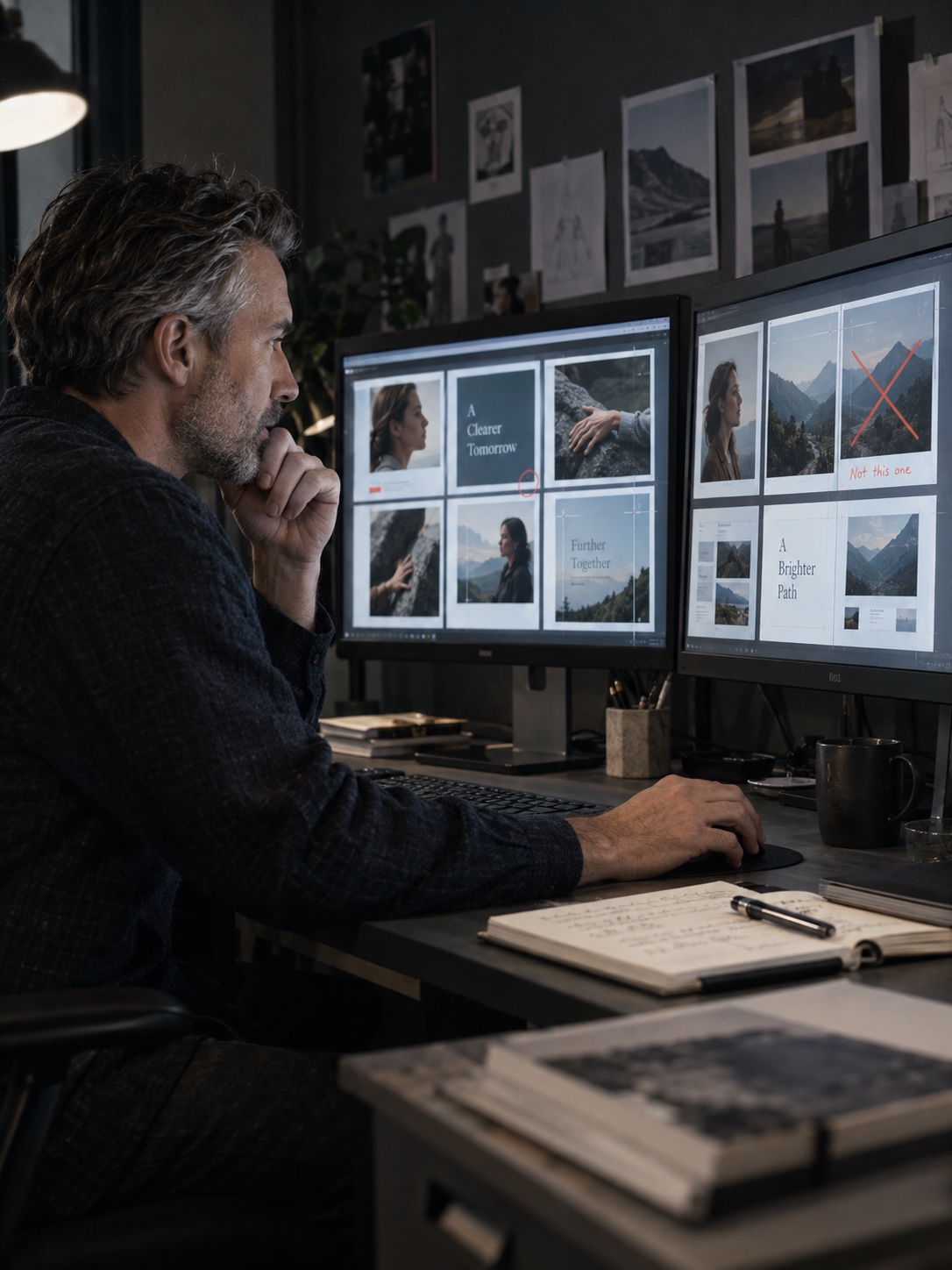 Human quality control for AI-assisted work Designer checking AI-assisted campaign variants for accuracy and brand consistency | Sky Rye Design Designer checking AI-assisted campaign variants for accuracy and brand consistency
