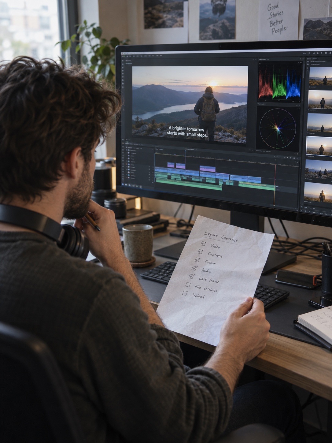Final video quality check Marketer checking video captions, color, audio, and final export settings | Sky Rye Design Marketer checking video captions, color, audio, and final export settings