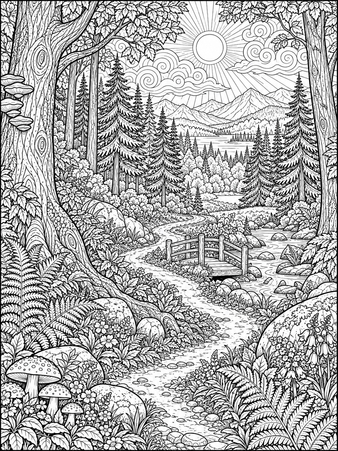 Forest path coloring page with layered trees and open sky Forest path coloring page with layered trees and open sky | Sky Rye Design Forest path coloring page with layered trees and open sky