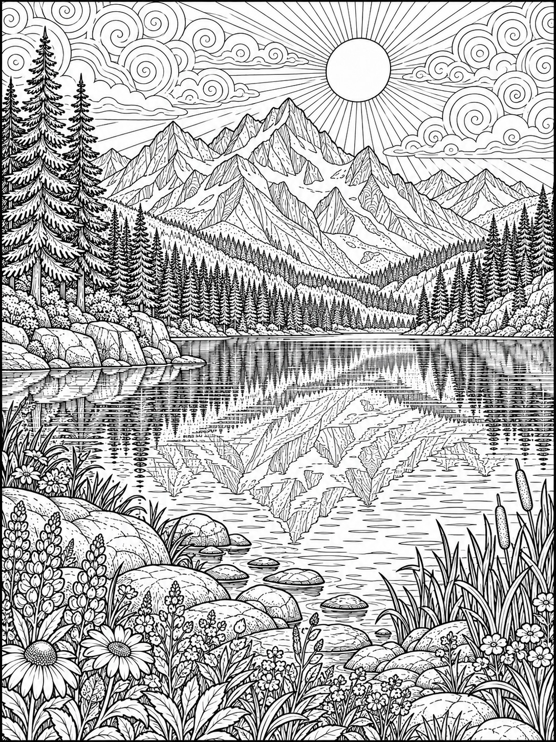 Mountain lake adult coloring page with reflected peaks Mountain lake adult coloring page with reflected peaks | Sky Rye Design Mountain lake adult coloring page with reflected peaks