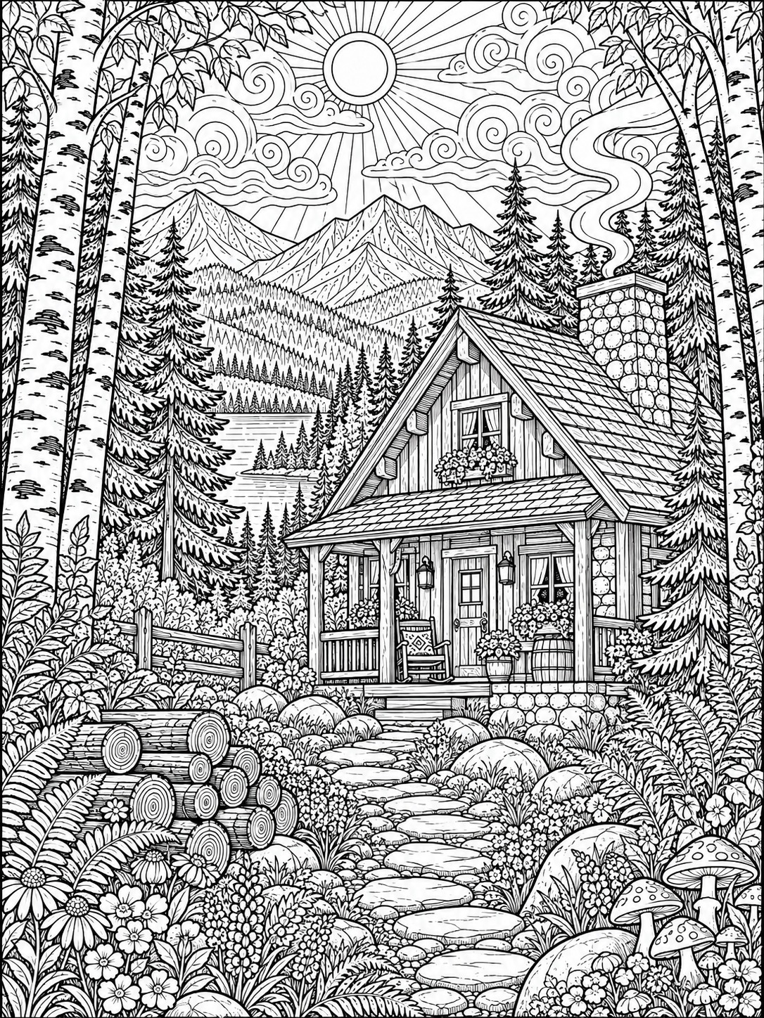 Cozy woodland cabin coloring page with trees and chimney smoke Cozy woodland cabin coloring page with trees and chimney smoke | Sky Rye Design Cozy woodland cabin coloring page with trees and chimney smoke