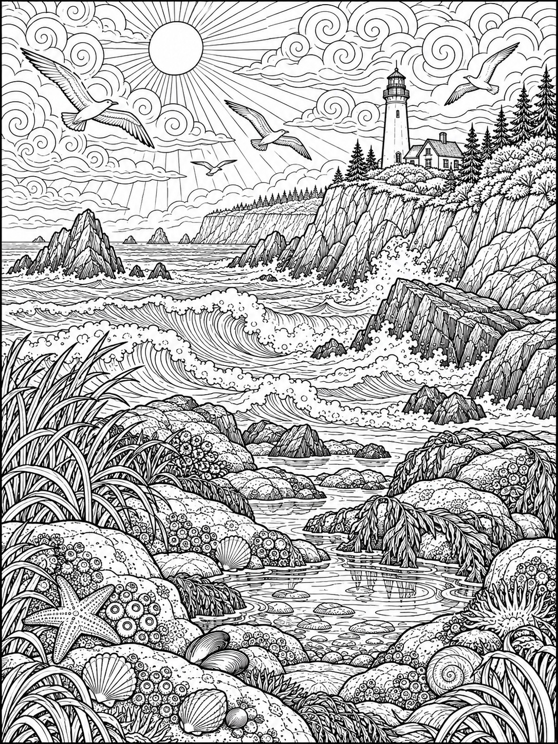 Rocky coastal coloring page with gentle waves and open sky Rocky coastal coloring page with gentle waves and open sky | Sky Rye Design Rocky coastal coloring page with gentle waves and open sky