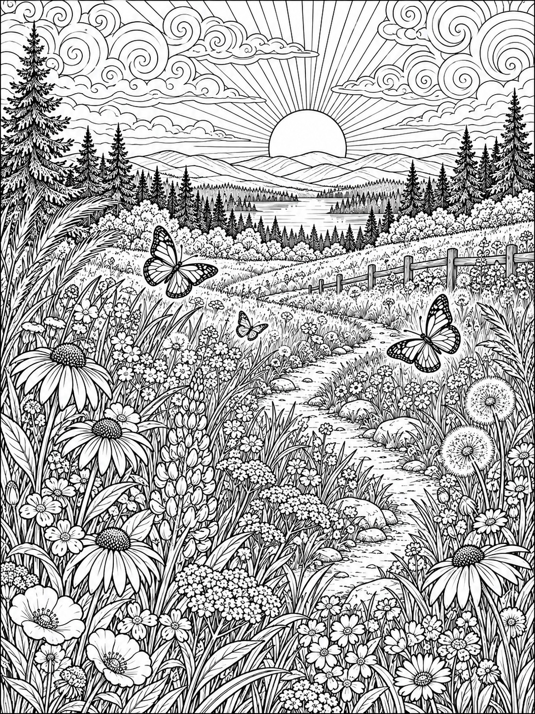 Sunset meadow coloring page with wildflowers and a distant tree line Sunset meadow coloring page with wildflowers and a distant tree line | Sky Rye Design Sunset meadow coloring page with wildflowers and a distant tree line