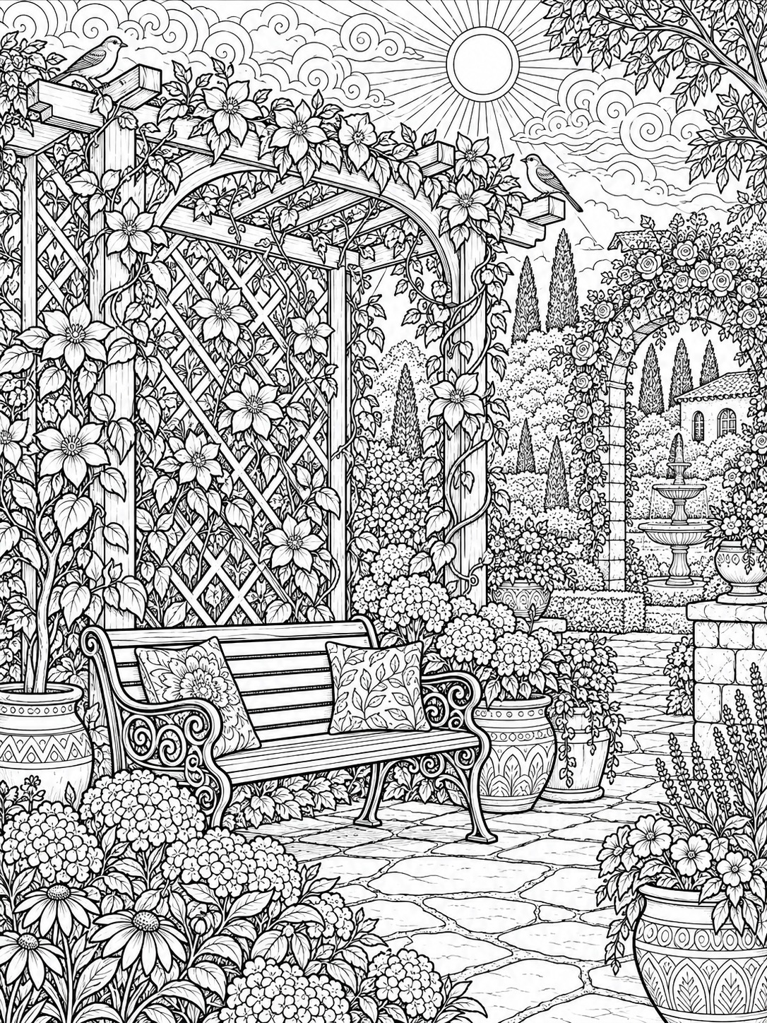 Garden trellis adult coloring page with climbing flowers and vines Garden scene with a wooden bench under a vine-covered arbor, surrounded by potted flowers and shrubs. | Sky Rye Design Garden trellis adult coloring page with climbing flowers and vines