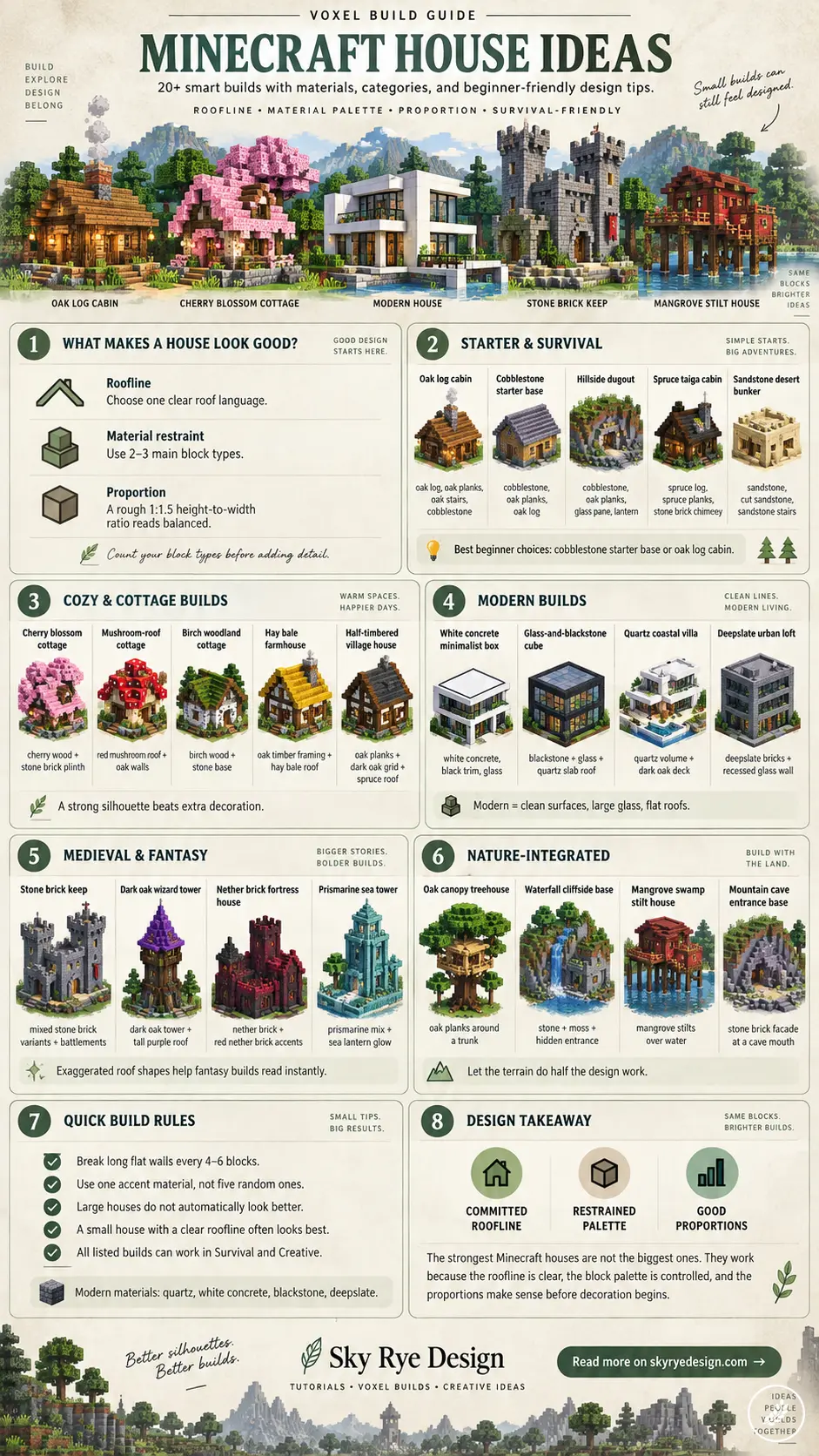 Infographic summarizing 20+ Minecraft house ideas across five style categories, design principles, and build rules