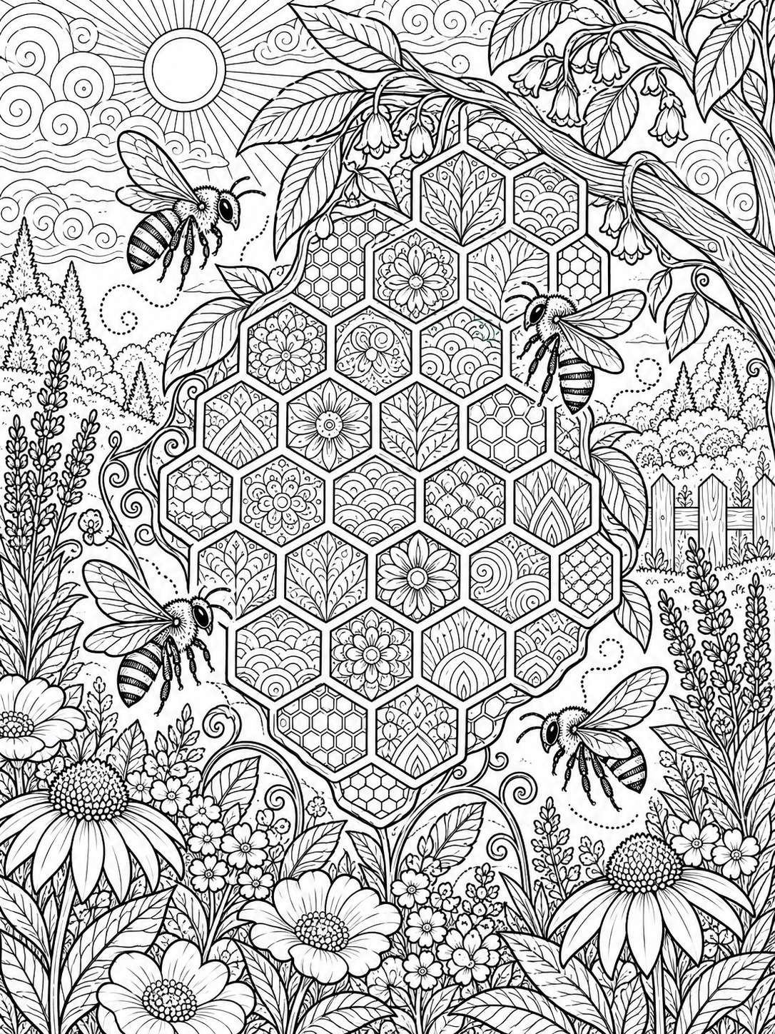 Honeycomb zentangle coloring page with dense and open pattern zones Intricate coloring-page scene of a honeycomb hive surrounded by bees, flowers, and leafy vines under a bright sun. | Sky Rye Design Honeycomb zentangle coloring page with dense and open pattern zones