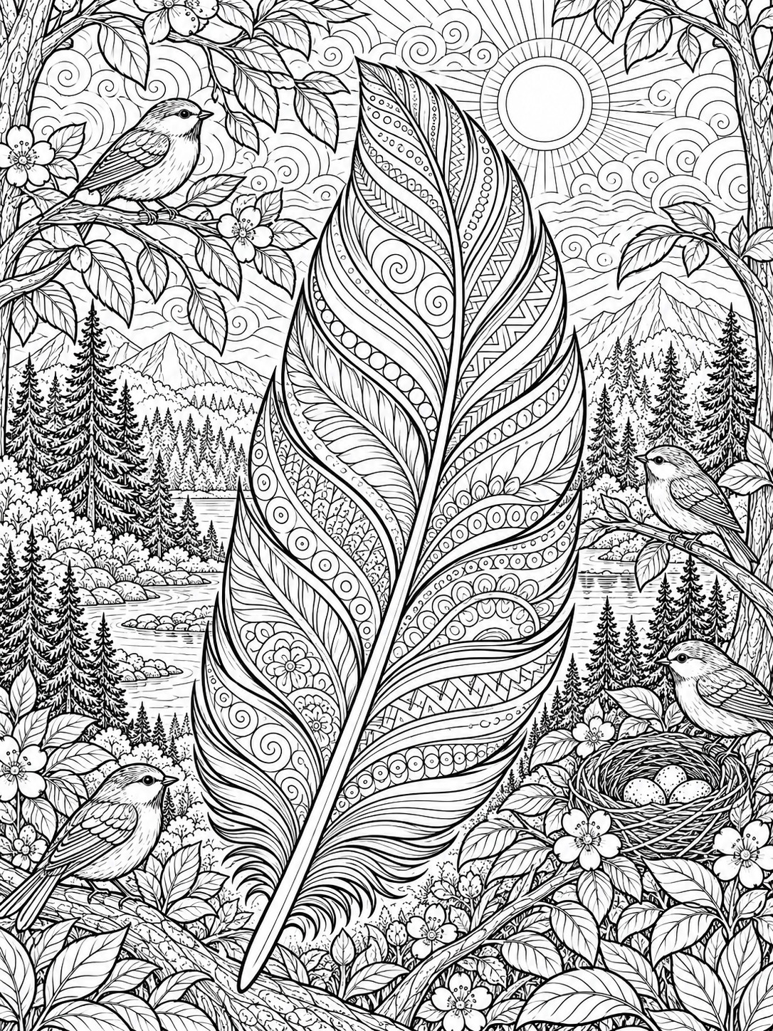 Feather-shaped zentangle coloring page with mixed pattern fills Feather-shaped zentangle coloring page with mixed pattern fills | Sky Rye Design Feather-shaped zentangle coloring page with mixed pattern fills