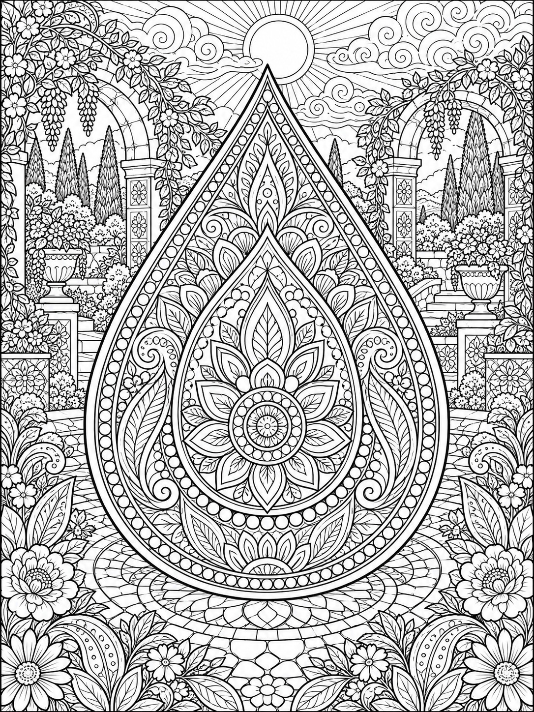 Teardrop zentangle coloring page with concentric patterned zones Ornate teardrop-shaped mandala centerpiece with layered floral patterns in a garden courtyard setting. | Sky Rye Design Teardrop zentangle coloring page with concentric patterned zones
