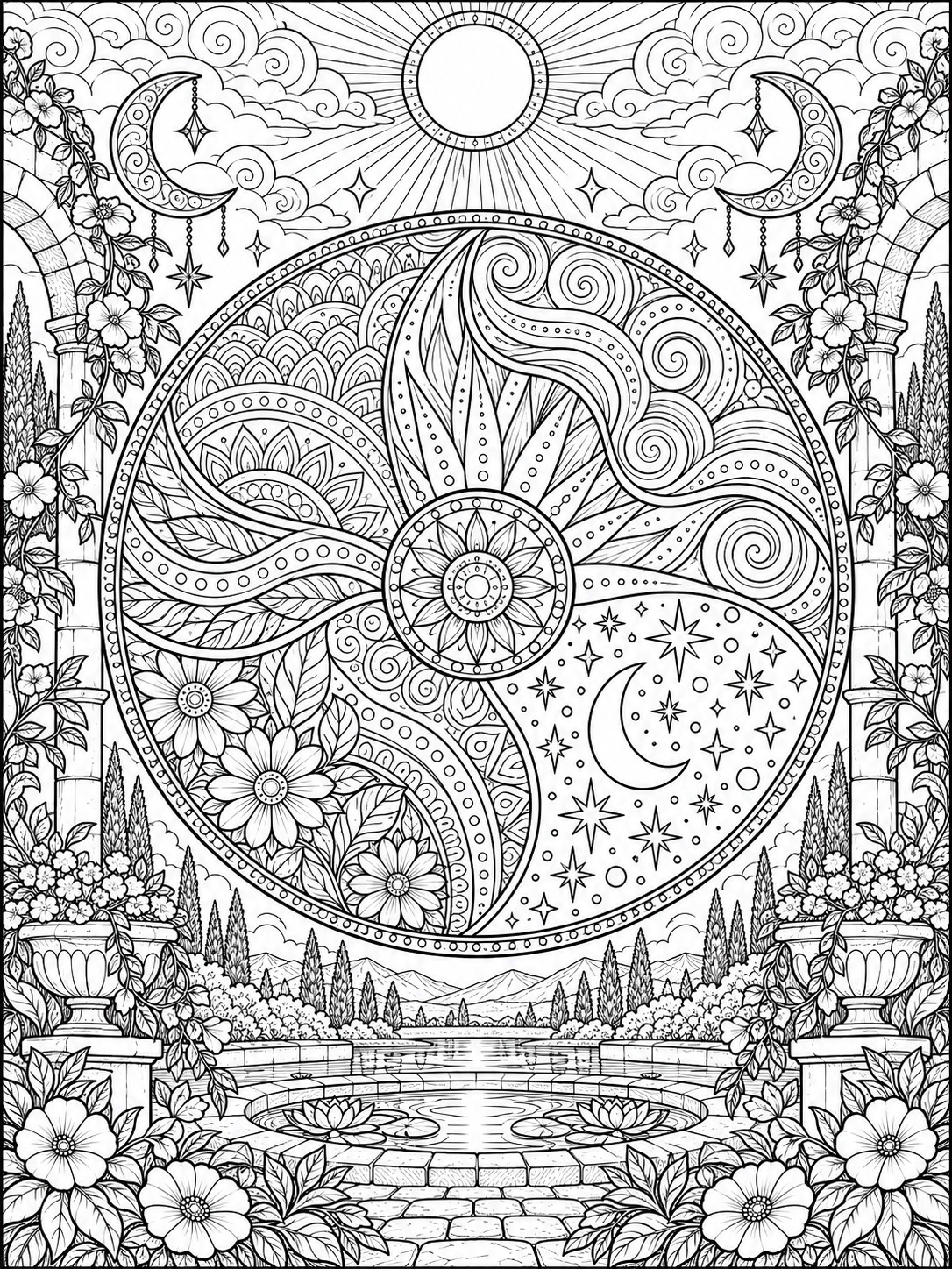Circular zentangle coloring page with contrasting pattern sections Intricate black-and-white coloring page with a large circular mandala, floral vines, arches, and a garden scene with sun, moon, and stars. | Sky Rye Design Circular zentangle coloring page with contrasting pattern sections