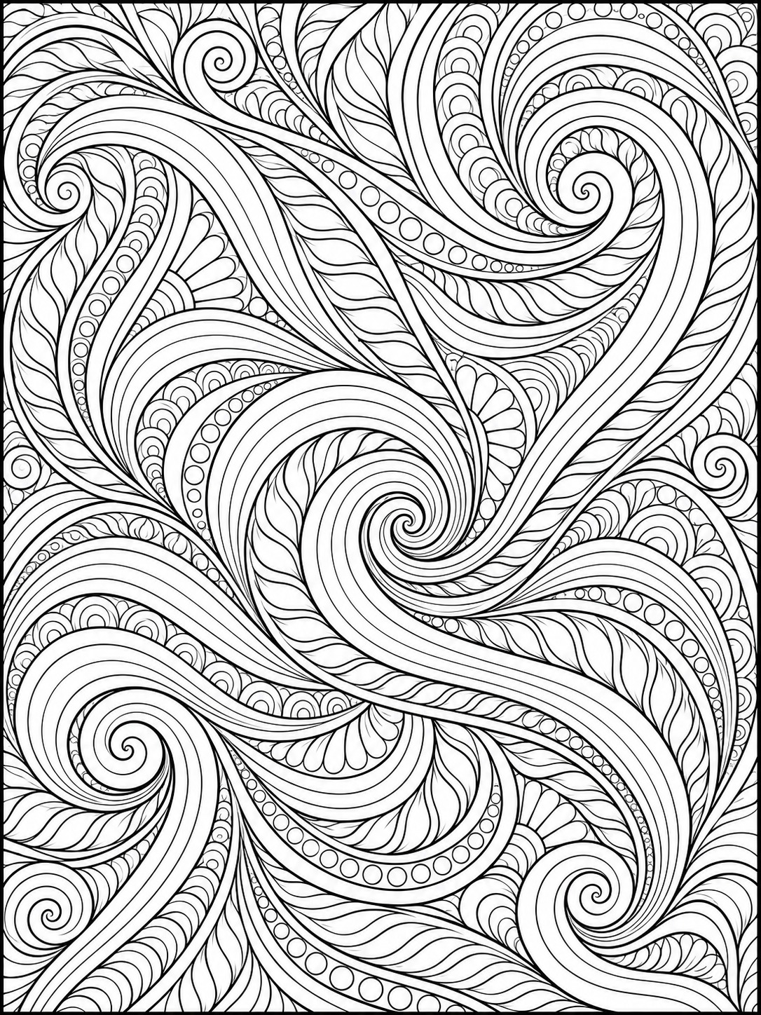 Organic flowing zentangle coloring page with generous negative space Intricate black-and-white abstract swirl pattern with overlapping curved bands and spirals (coloring-page style). | Sky Rye Design Organic flowing zentangle coloring page with generous negative space