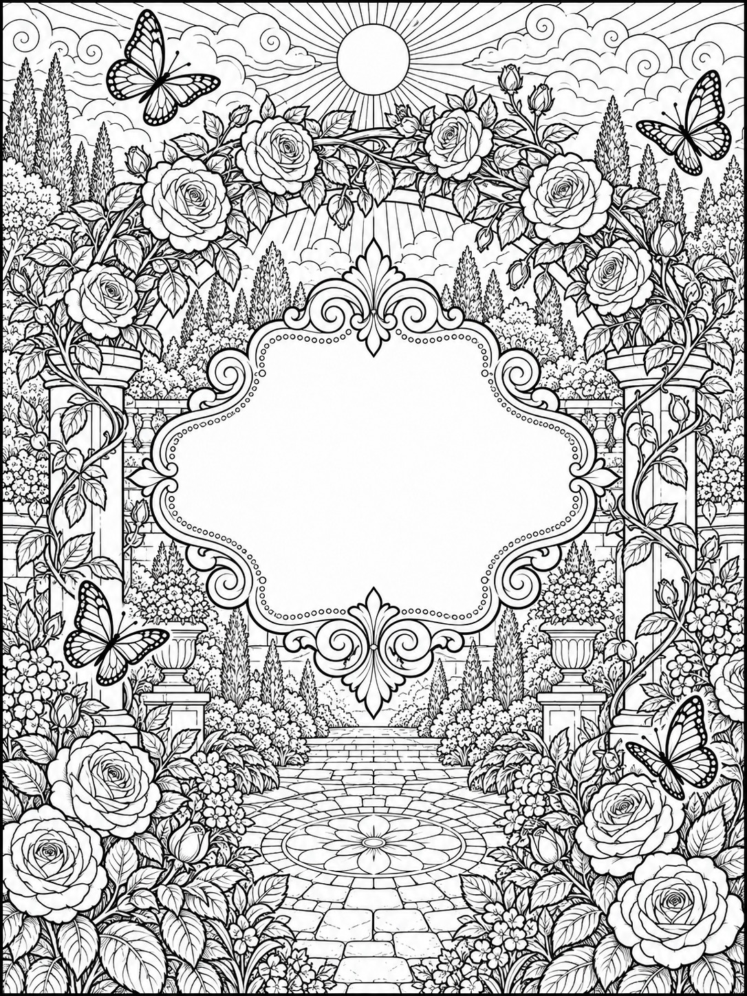 Floral quote-ready coloring page frame with a blank central area Ornate decorative plaque frame in a garden filled with roses, butterflies, and a sunny sky, ready for text inside the frame. | Sky Rye Design Floral quote-ready coloring page frame with a blank central area