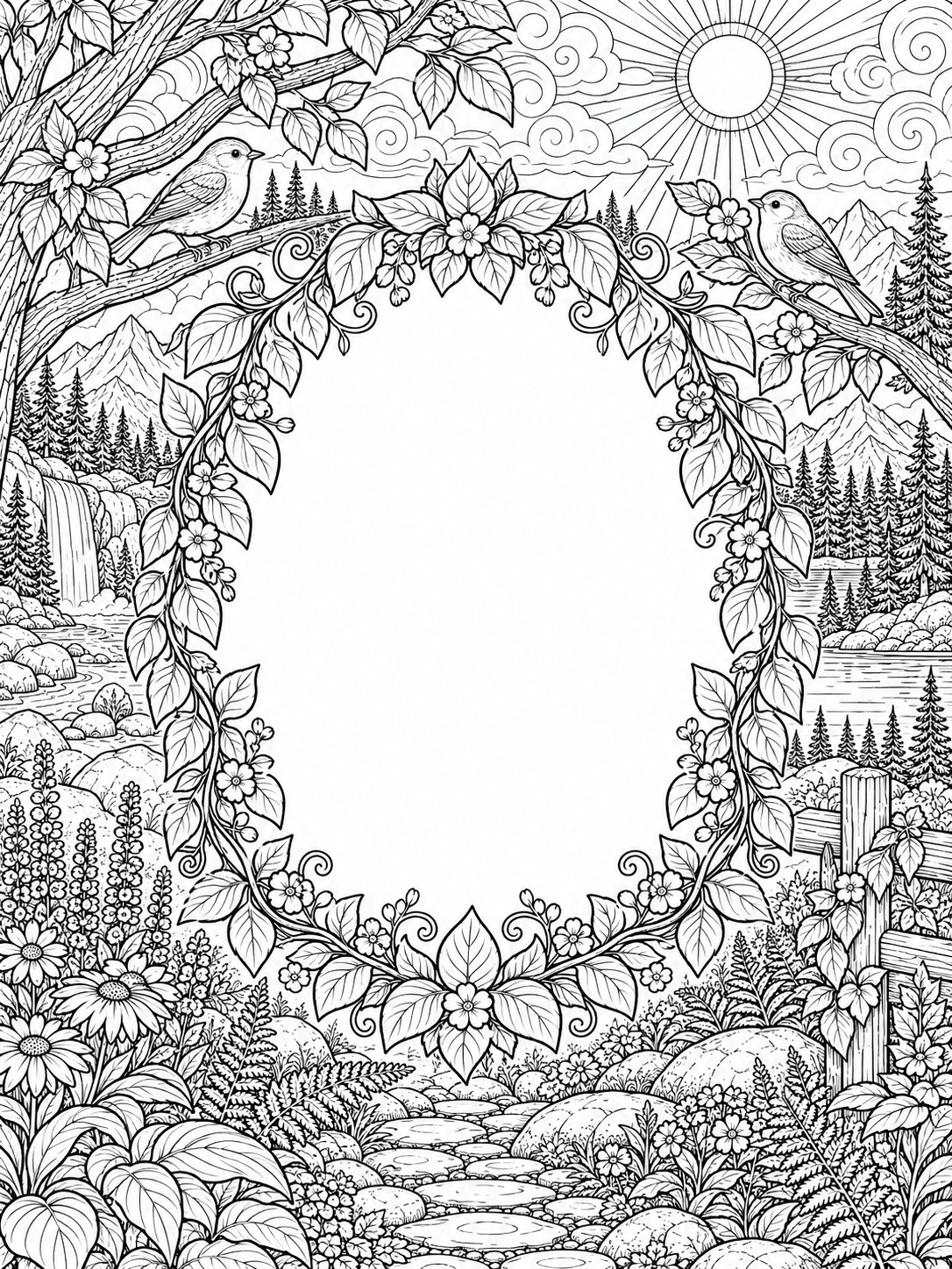 Leafy quote-ready coloring page frame with an open center Leafy quote-ready coloring page frame with an open center | Sky Rye Design Leafy quote-ready coloring page frame with an open center