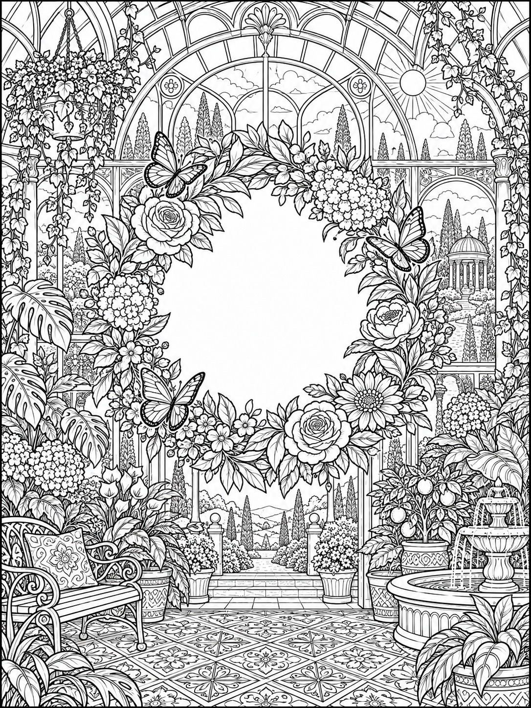 Decorative botanical wreath coloring page with a blank center Decorative botanical wreath coloring page with a blank center | Sky Rye Design Decorative botanical wreath coloring page with a blank center