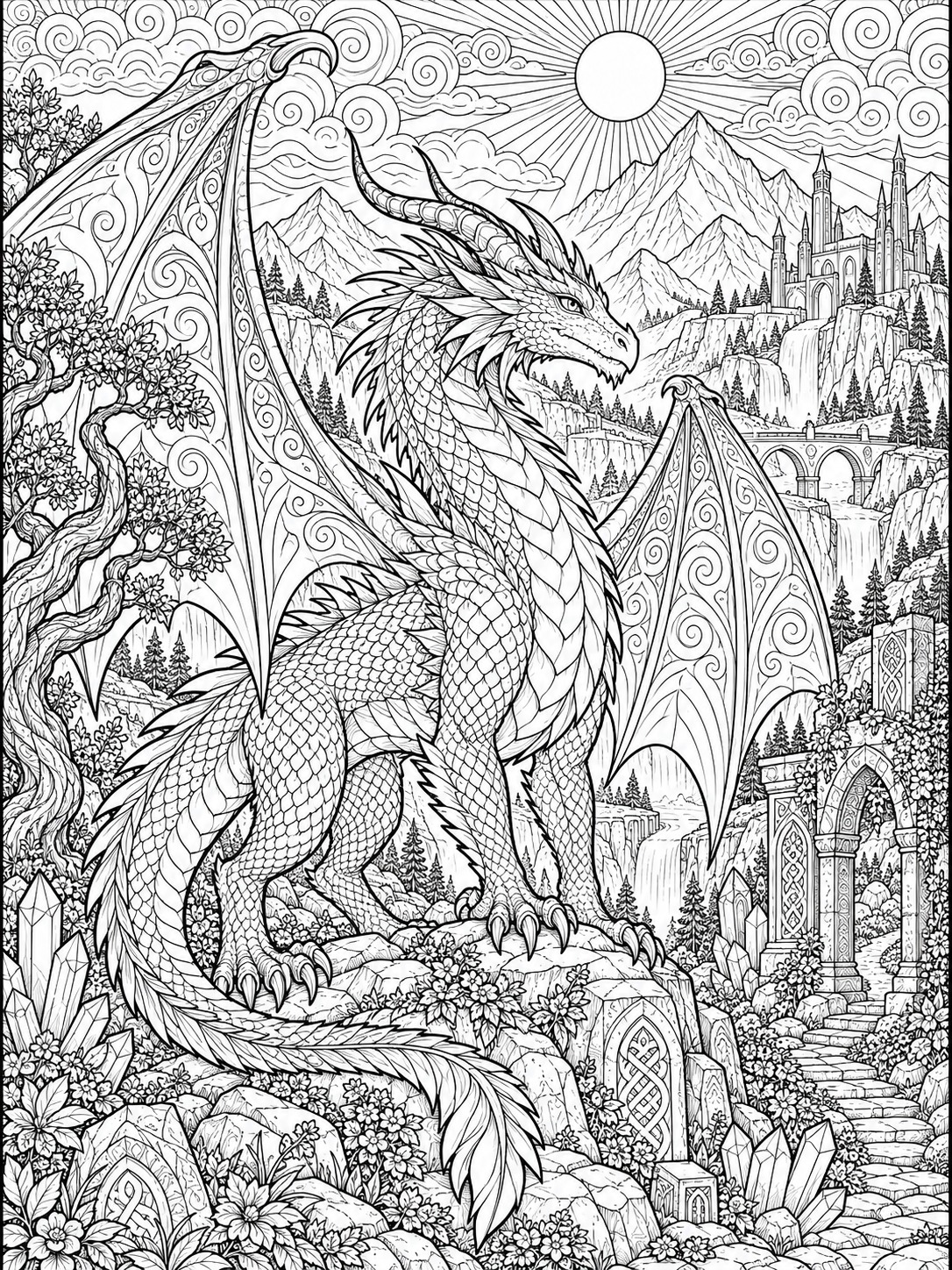 Dragon adult coloring page with textured scales and ornate wings Dragon adult coloring page with textured scales and ornate wings | Sky Rye Design Dragon adult coloring page with textured scales and ornate wings