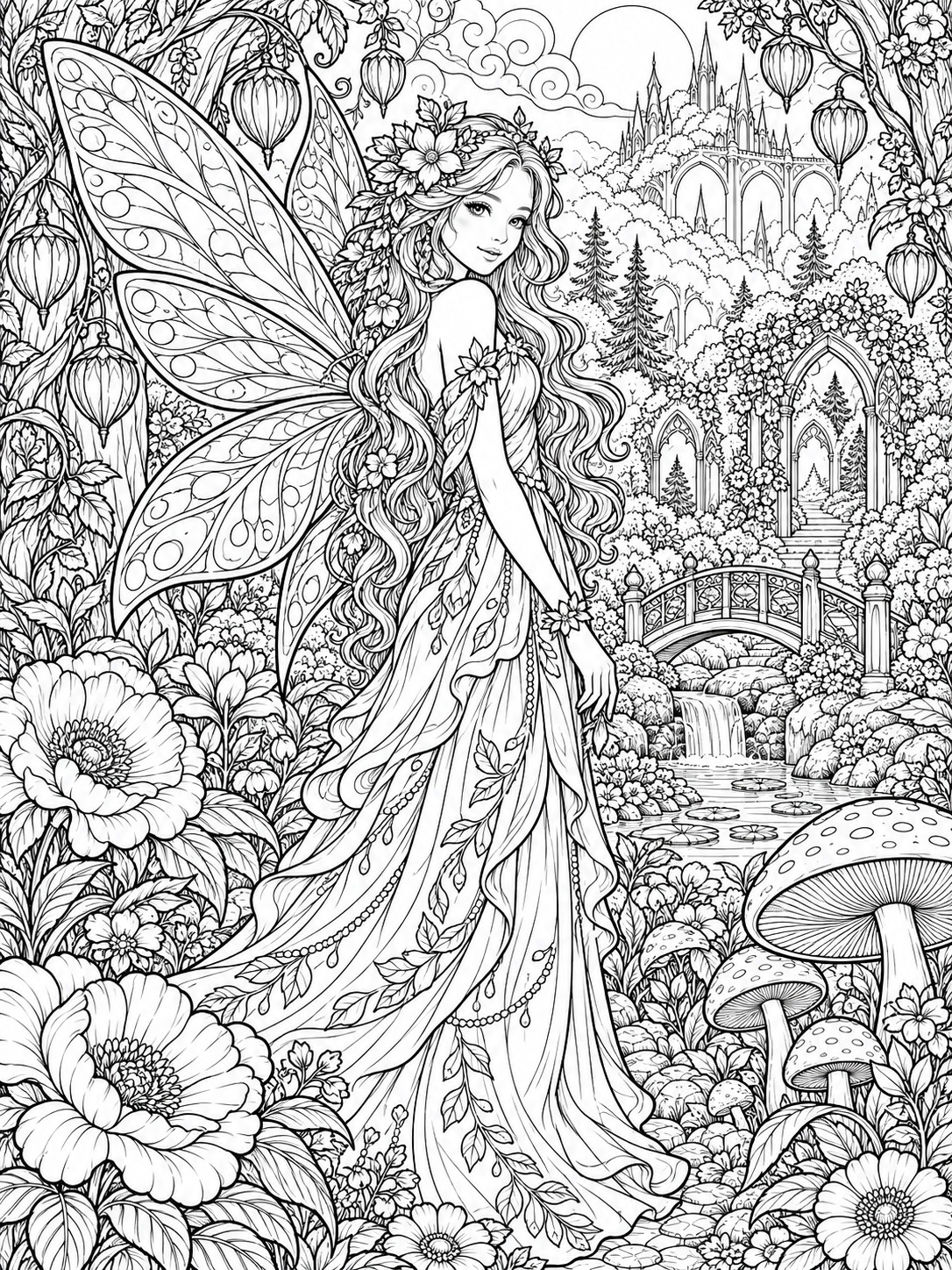 Fairy adult coloring page with patterned wings and floral hair details Fairy adult coloring page with patterned wings and floral hair details | Sky Rye Design Fairy adult coloring page with patterned wings and floral hair details