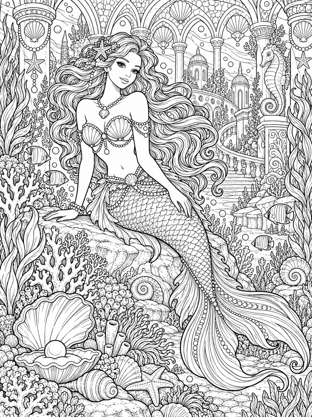 Mermaid adult coloring page with scales and flowing layered hair Mermaid adult coloring page with scales and flowing layered hair | Sky Rye Design Mermaid adult coloring page with scales and flowing layered hair