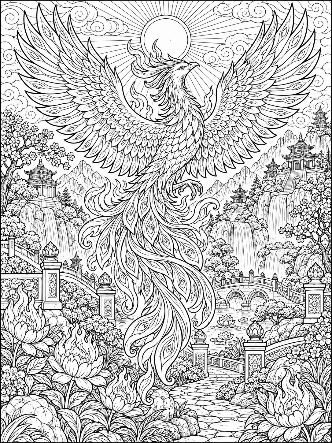 Phoenix adult coloring page with richly layered wing and tail feathers Phoenix adult coloring page with richly layered wing and tail feathers | Sky Rye Design Phoenix adult coloring page with richly layered wing and tail feathers