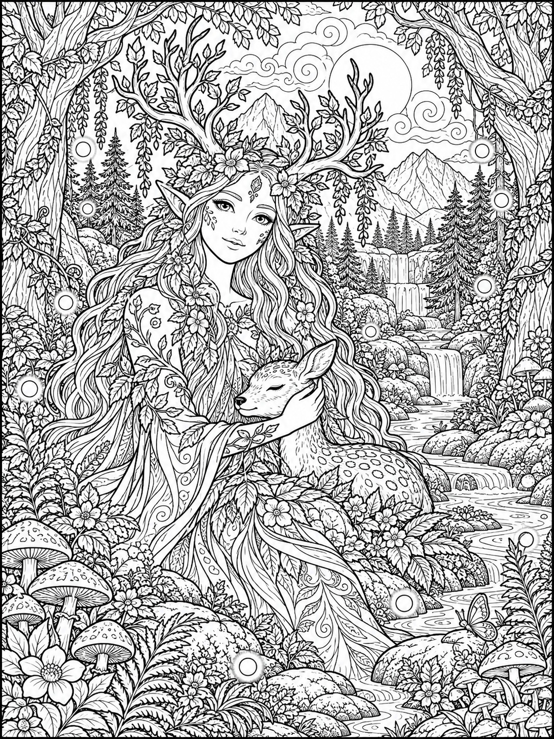 Forest spirit adult coloring page surrounded by layered foliage Forest spirit adult coloring page surrounded by layered foliage | Sky Rye Design Forest spirit adult coloring page surrounded by layered foliage