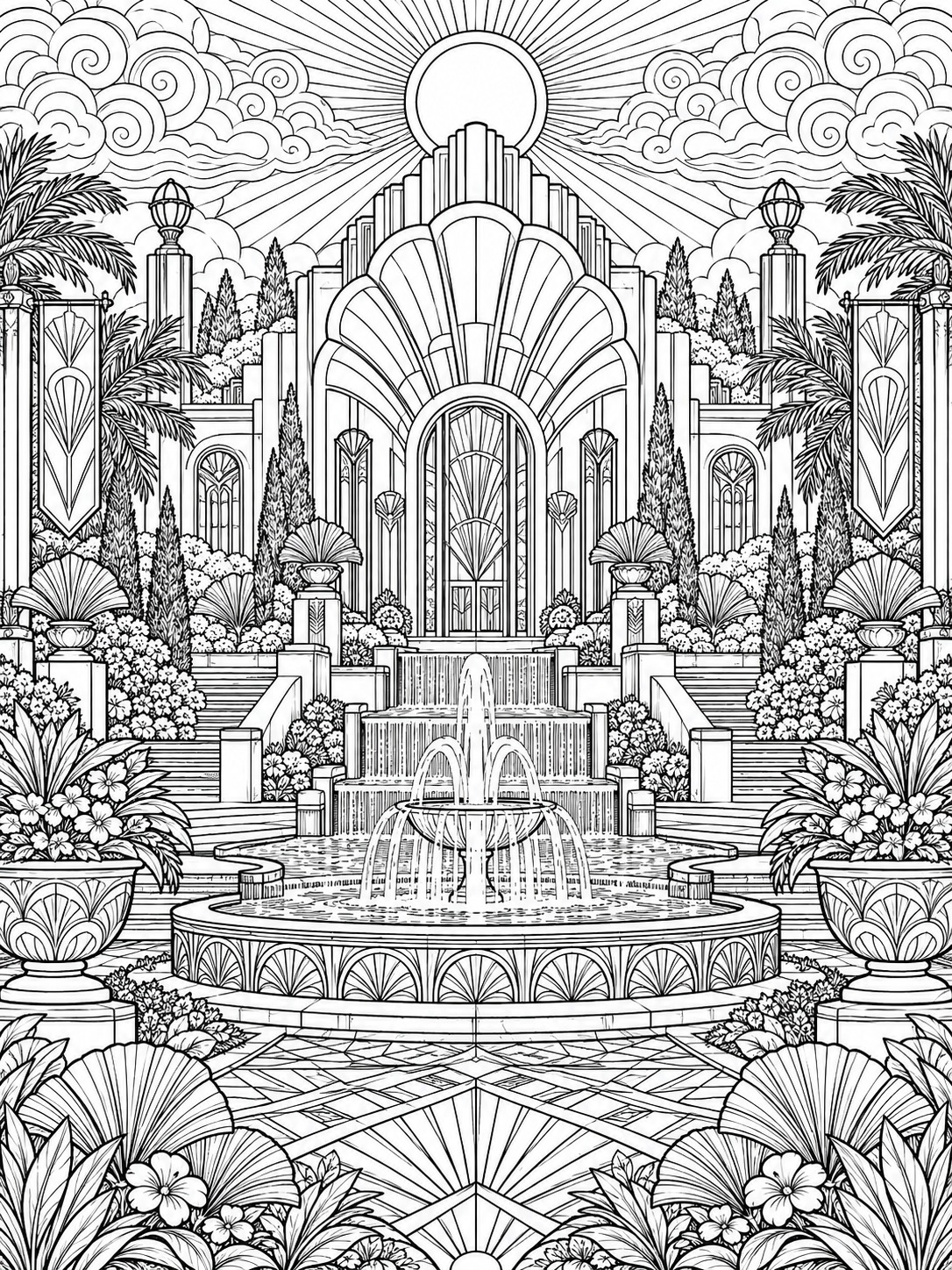 Art deco fan coloring page with layered concentric arcs Art Deco fan coloring page with layered concentric arcs | Sky Rye Design Art Deco fan coloring page with layered concentric arcs