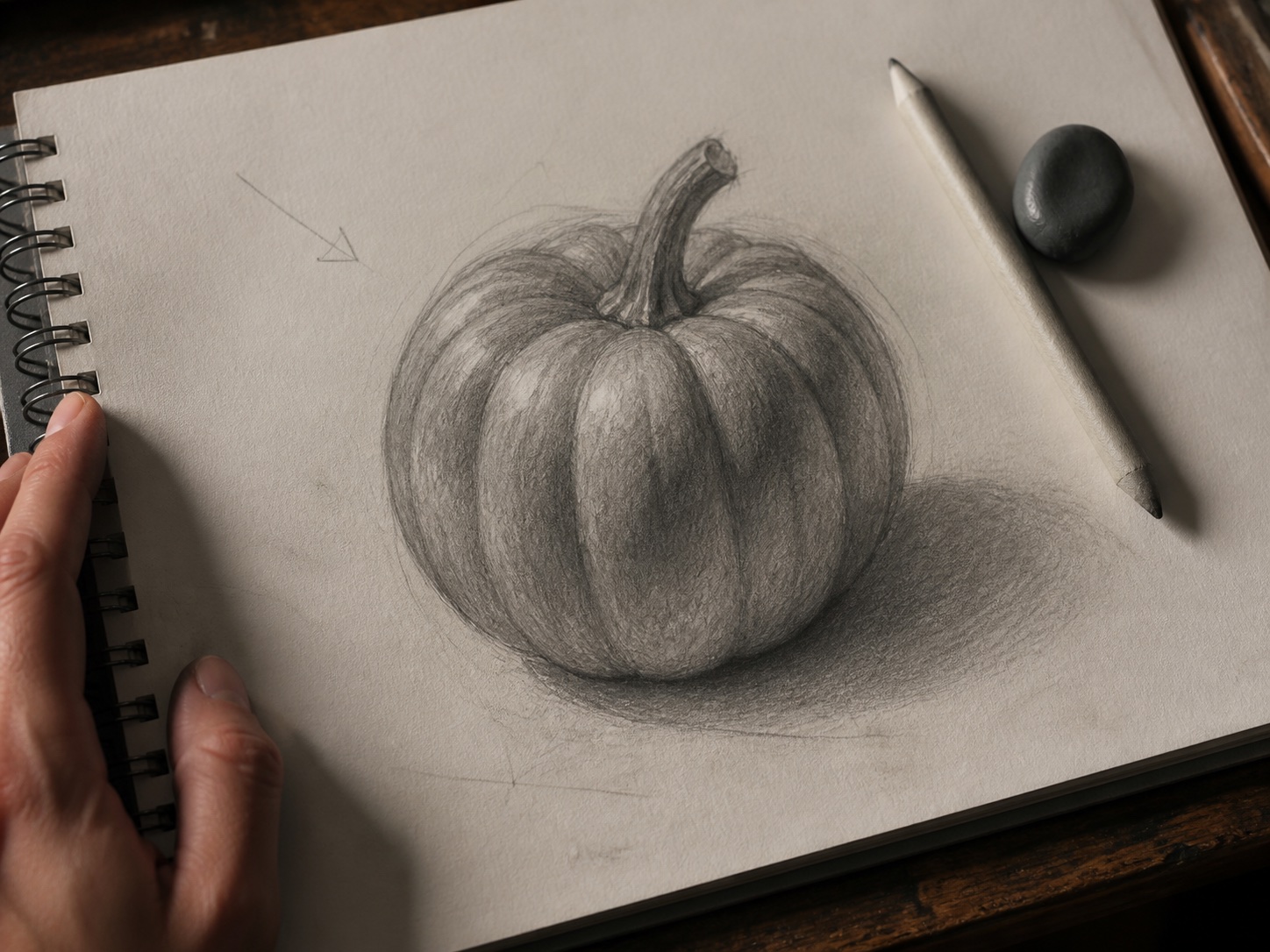 3D shaded pumpkin drawing sketchbook 3D shaded pumpkin drawing with graphite ribs, broken highlights, cast shadow, and visible sketch lines. | Sky Rye Design 3D shaded pumpkin drawing with graphite ribs, broken highlights, cast shadow, and visible sketch lines.