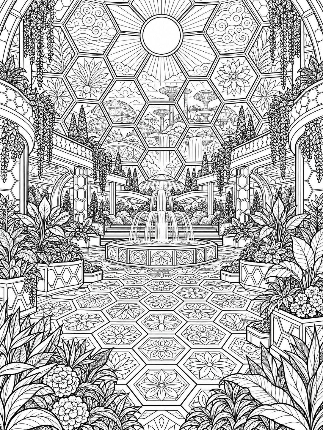 Hexagonal tile coloring page with varied internal patterns Hexagonal tile coloring page with varied internal patterns | Sky Rye Design Hexagonal tile coloring page with varied internal patterns