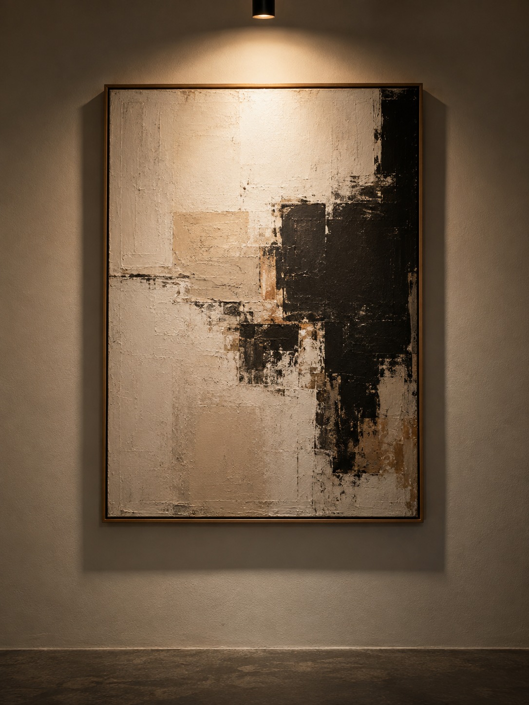 Abstract artwork on a gallery wall illuminated by dedicated accent lighting