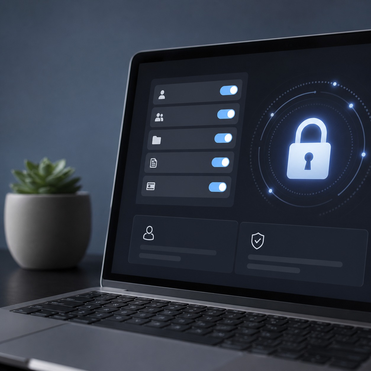Laptop showing an abstract access control interface on a modern studio desk
