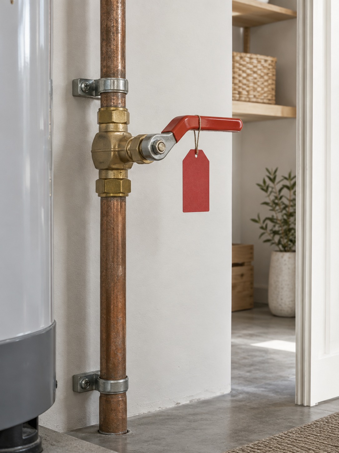 Accessible main water shut-off valve Main water shut-off valve mounted at an accessible height in an uncluttered utility closet | Sky Rye Design Main water shut-off valve mounted at an accessible height in an uncluttered utility closet