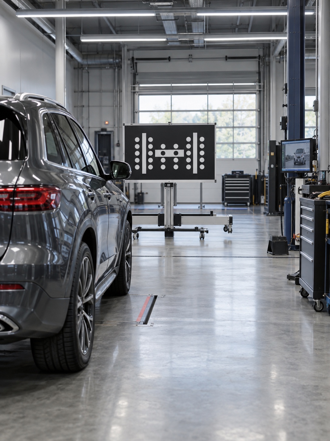 ADAS Camera Calibration Bay Modern car positioned before an ADAS camera calibration target in a clean workshop | Sky Rye Design Modern car positioned before an ADAS camera calibration target in a clean workshop