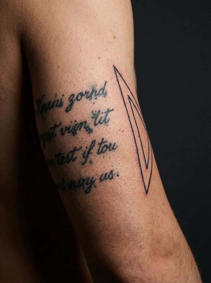 Macro view comparing aged script tattoo line spread with sharper fresh linework.