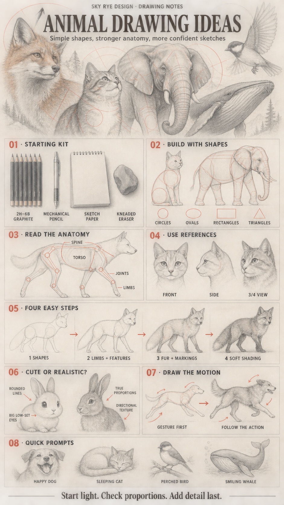 Animal drawing ideas infographic showing tools, simple shapes, anatomy, references, drawing steps, style choices, motion, and quick prompts