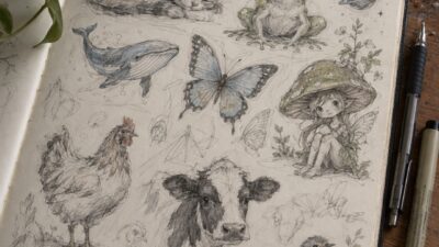 Animal and fantasy doodle ideas with a sleeping cat, frog, whale, butterfly, chicken, cow, bird, and fairy