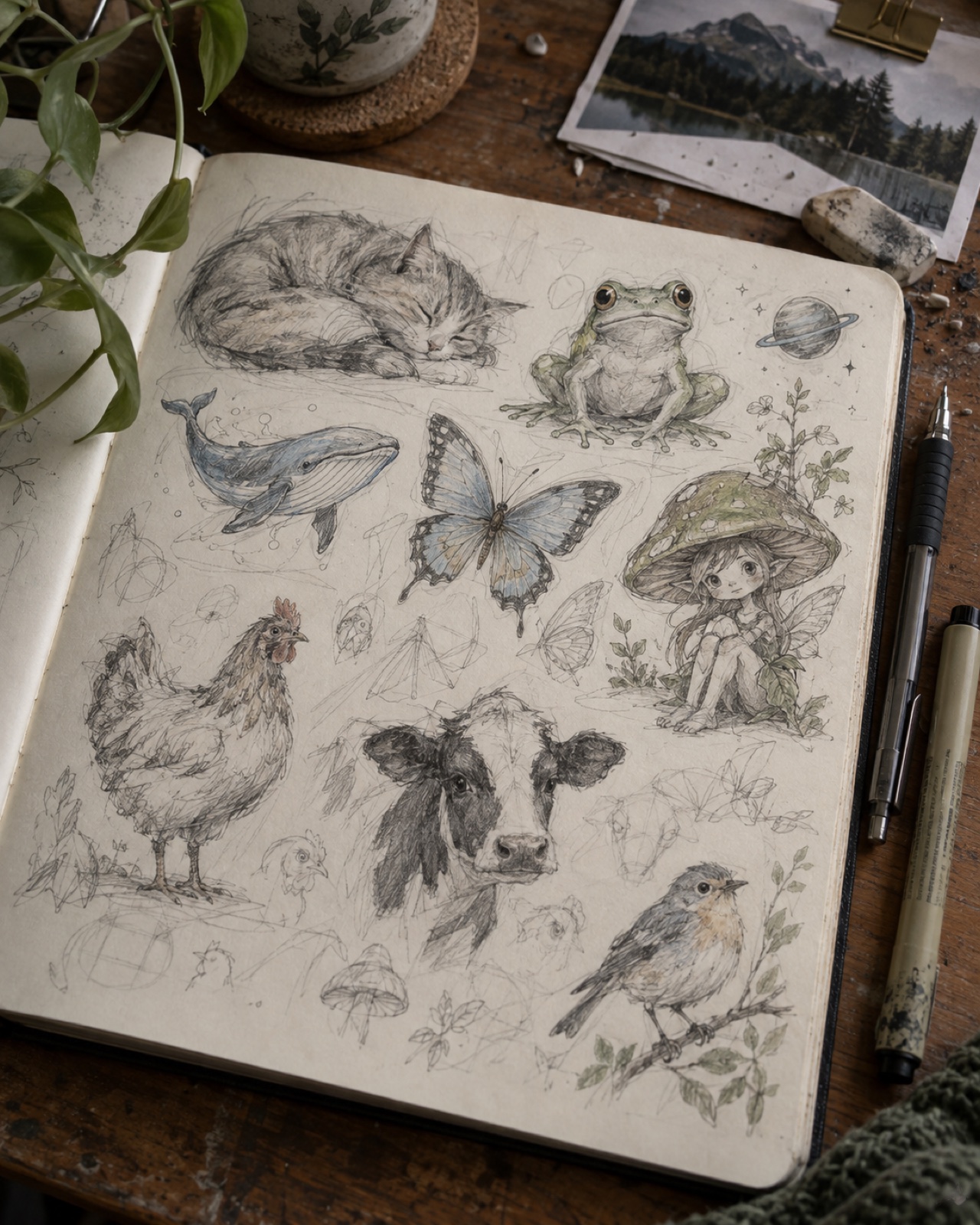 Animal and fantasy doodle ideas Animal and fantasy doodle ideas with a sleeping cat, frog, whale, butterfly, chicken, cow, bird, and fairy | Sky Rye Design Animal and fantasy doodle ideas with a sleeping cat, frog, whale, butterfly, chicken, cow, bird, and fairy