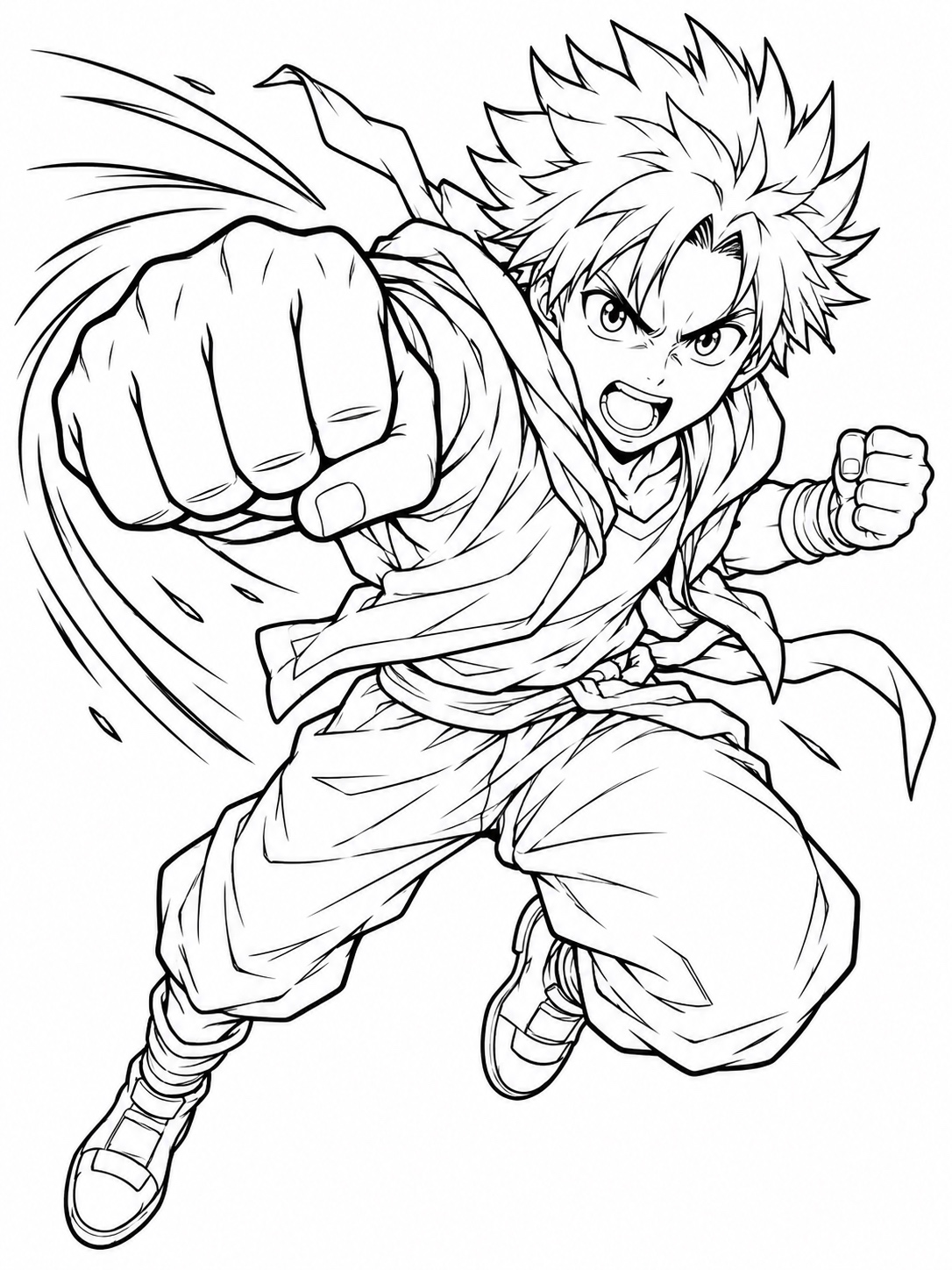 Black-and-white anime coloring page showing a spiky-haired protagonist mid-punch, motion lines trailing from the fist
