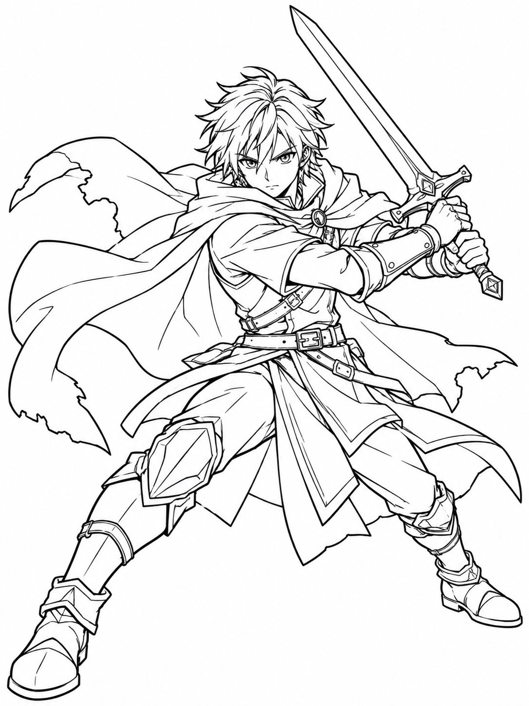 Black-and-white anime coloring page showing a sword-wielding fighter in a wide battle stance, cape caught mid-swing