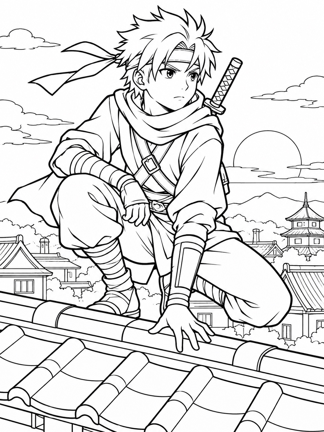 Black-and-white anime coloring page showing a young ninja crouched on a rooftop silhouette at dusk
