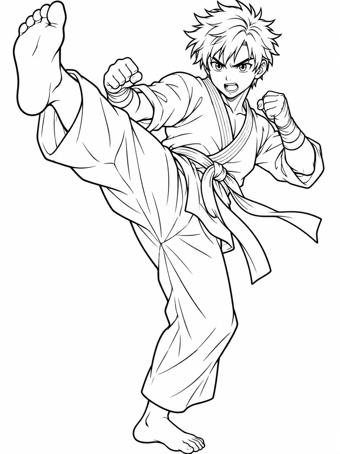 Black-and-white anime coloring page showing a martial artist mid-kick with a determined expression and clenched fists