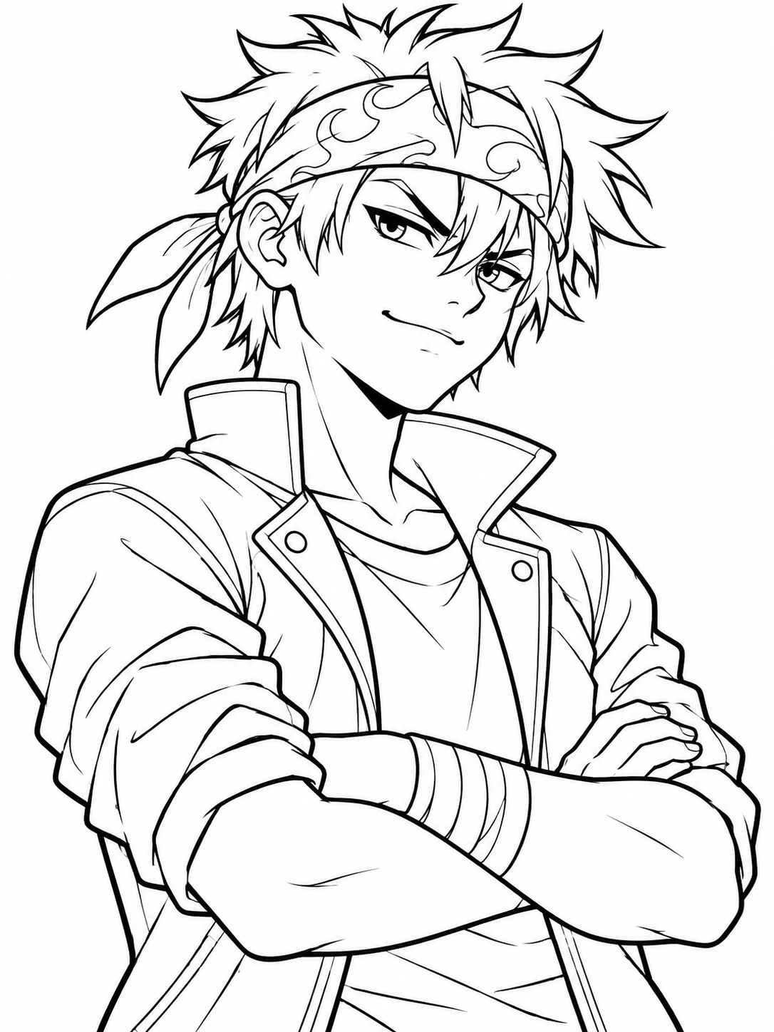 Black-and-white anime coloring page showing a bandana-wearing rival character with crossed arms and a smirk
