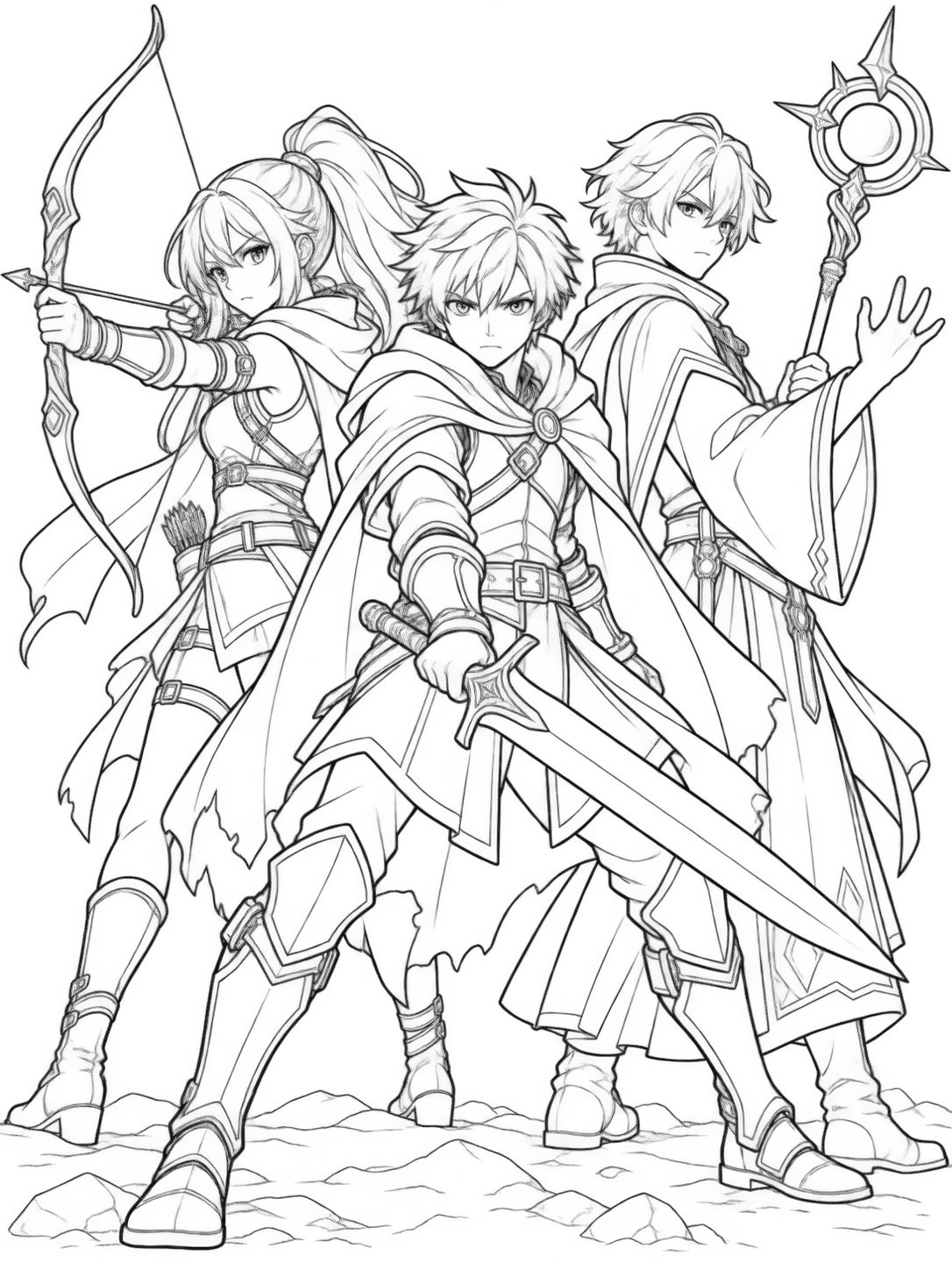 Black-and-white anime coloring page showing a team of three heroes standing back-to-back, weapons drawn