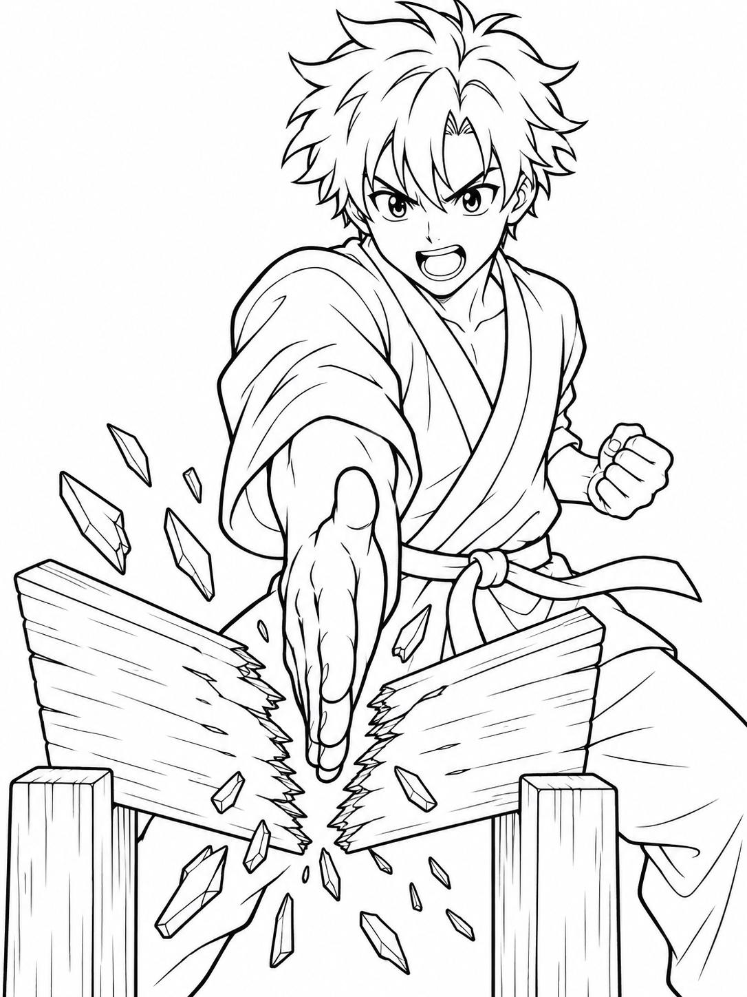 Black-and-white anime coloring page showing a training-arc scene: a character breaking a wooden board with one strike